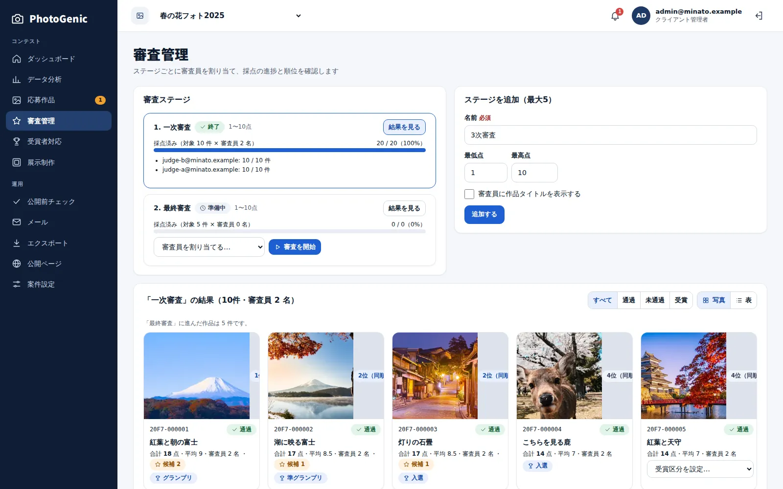 審査管理の画面。審査ステージの進み具合と、作品ごとの順位・合計点・平均点が並ぶ